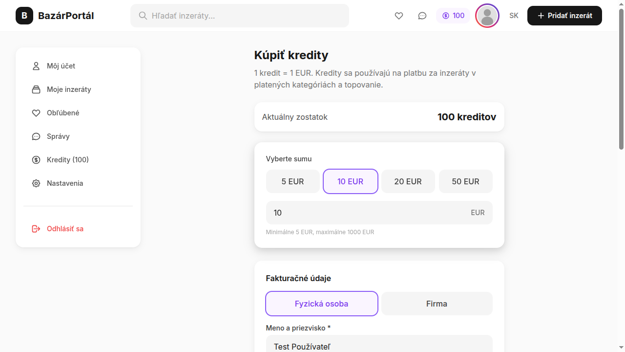 Stránka na nákup kreditov