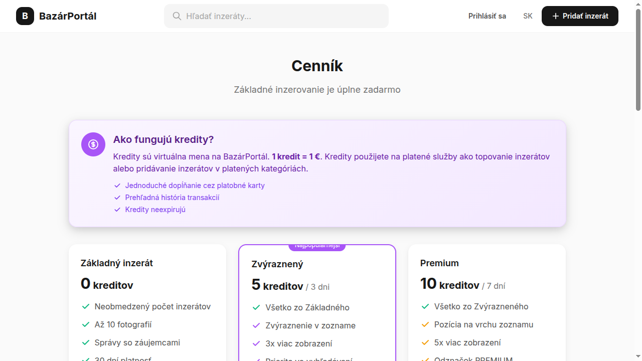 Stránka cenníka s prehľadom cien
