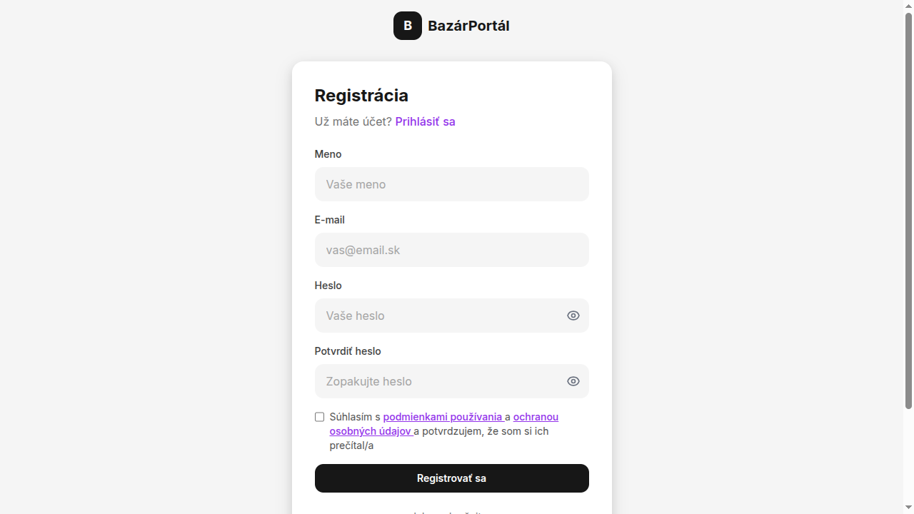 Registračný formulár na BazárPortáli