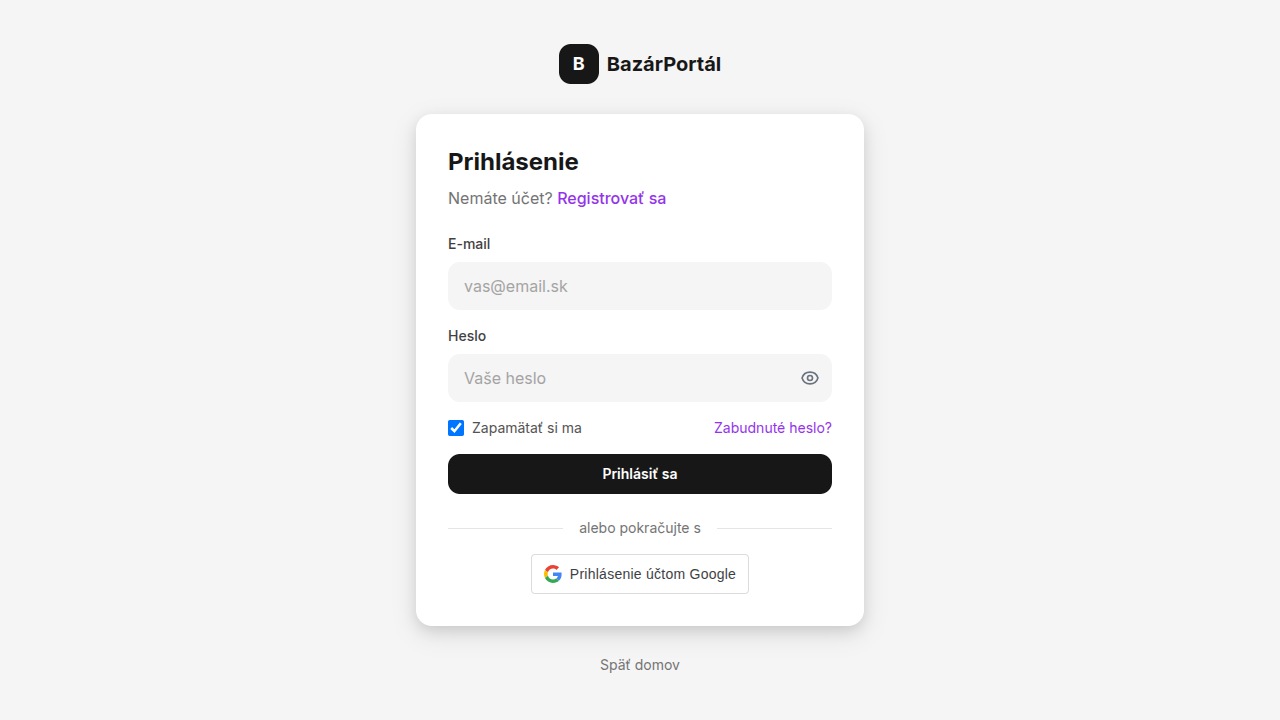 Prihlasovací formulár na BazárPortáli
